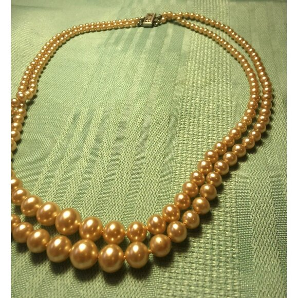 Double Strand Faux Graduated Pearl Necklace 16.75" Rosé Pink 1950s Choker - Picture 3 of 10